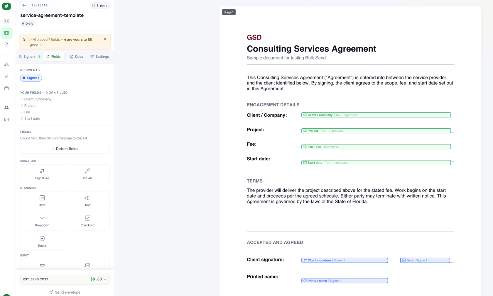The GSD envelope editor after AI field detection — signature, date and text fields placed on a consulting agreement, with green sender-fill fields for fee, project and start date.