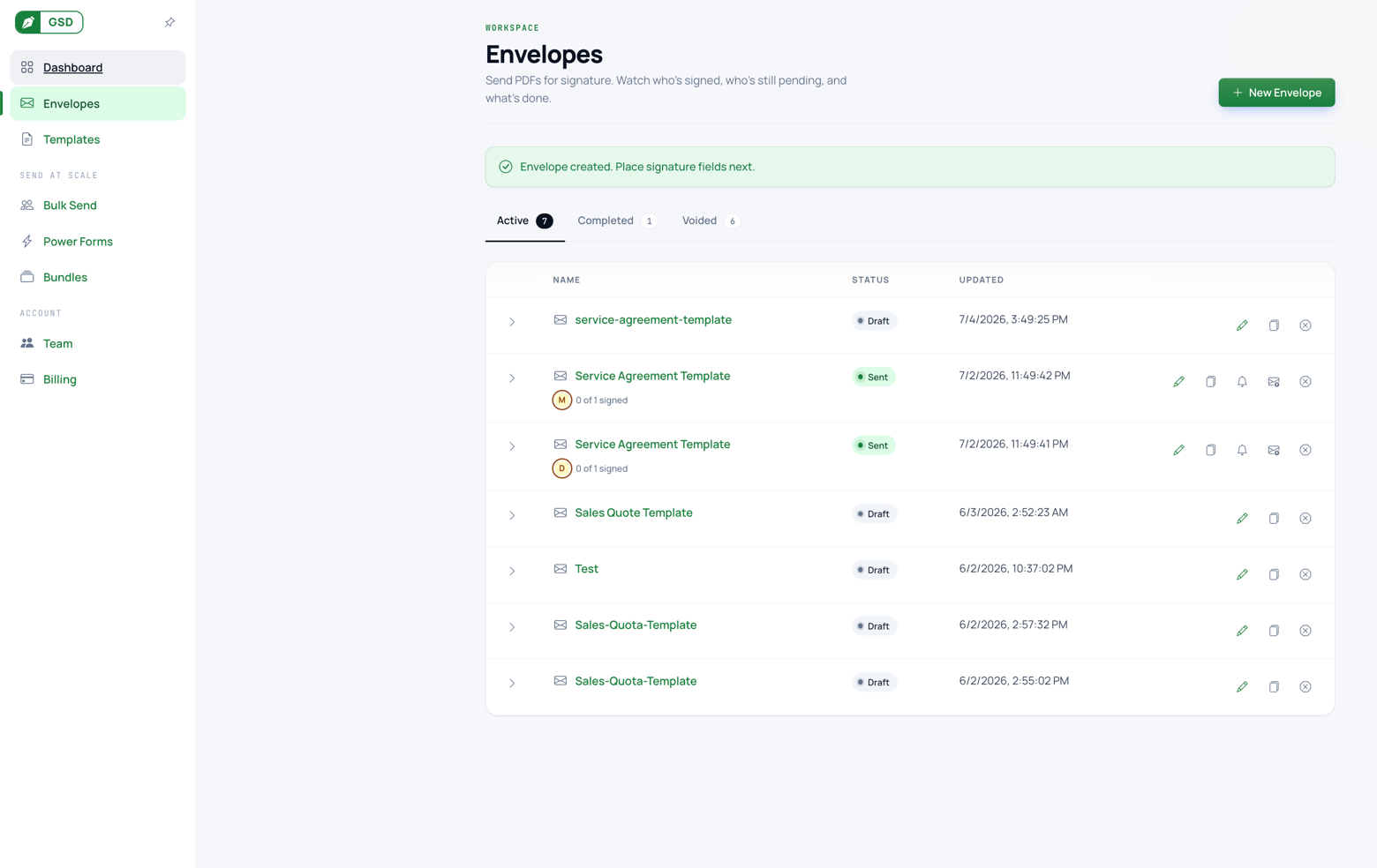 The GSD Envelopes dashboard — send PDFs for signature and track who's signed, who's pending, and what's done.