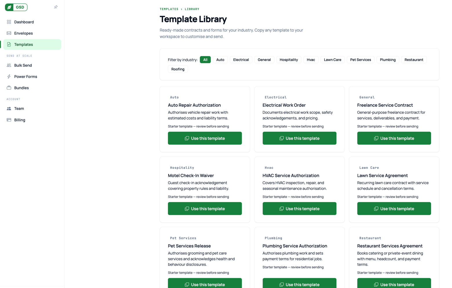 The GSD Template Library — ready-made contracts and forms by industry, from auto repair to restaurant services.