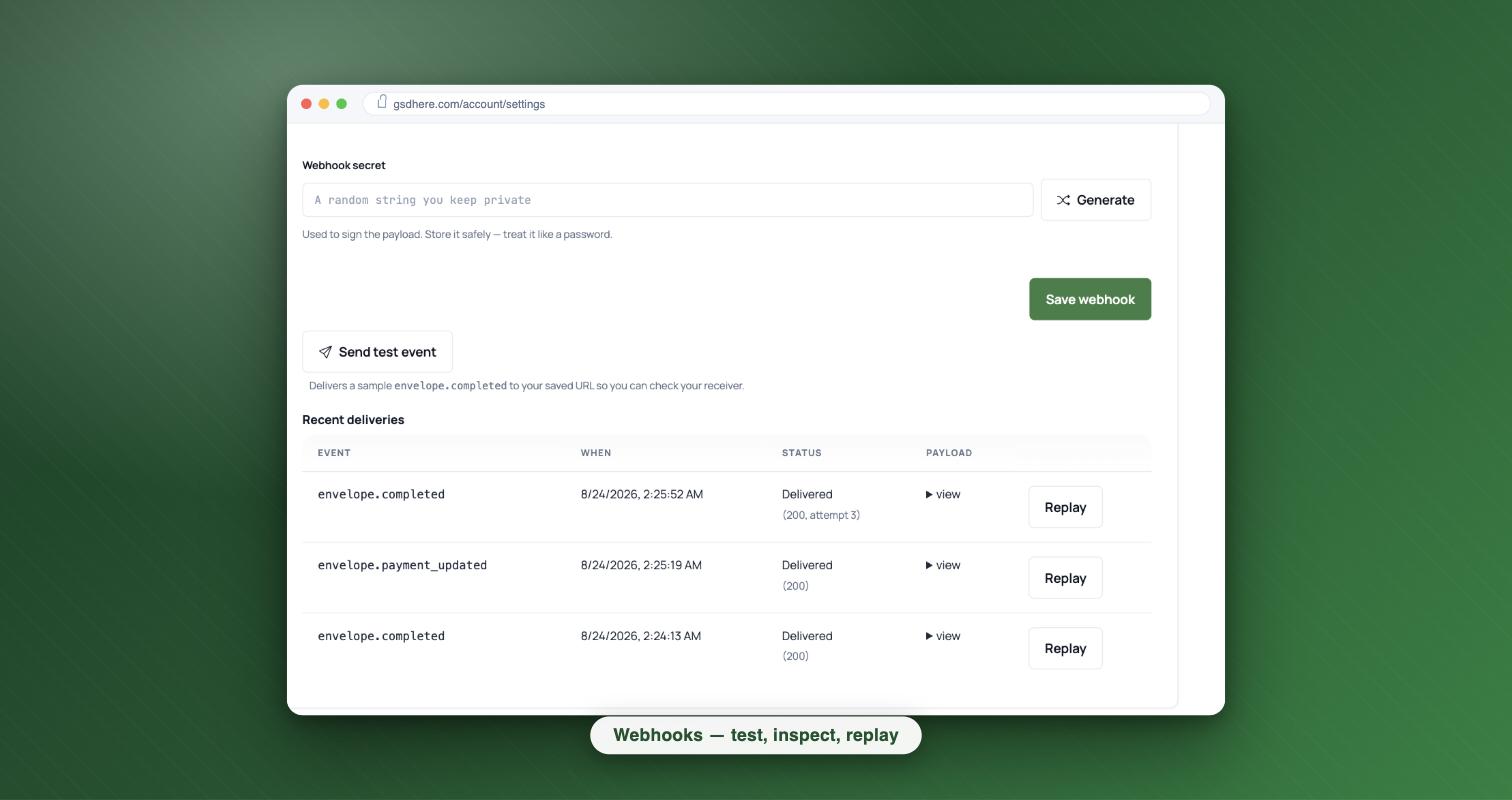 The webhook deliveries log in GSD settings: recent events with status codes, attempt counts, a Replay button per row and a Send test event button